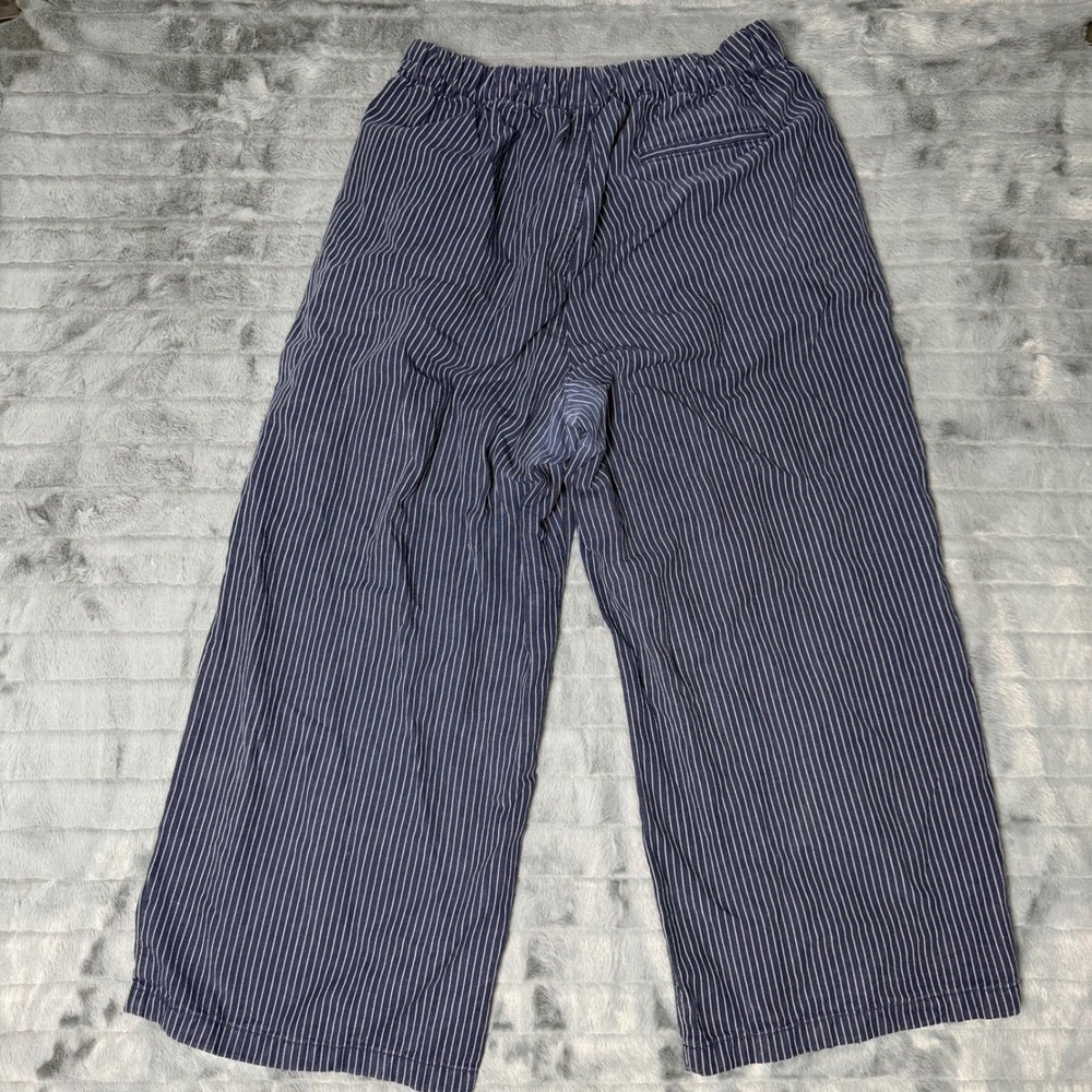 Aerie Navy White Pinstripe Wide Leg Pants Elastic Waist L Short Cotton Lyocell - Picture 8 of 9
